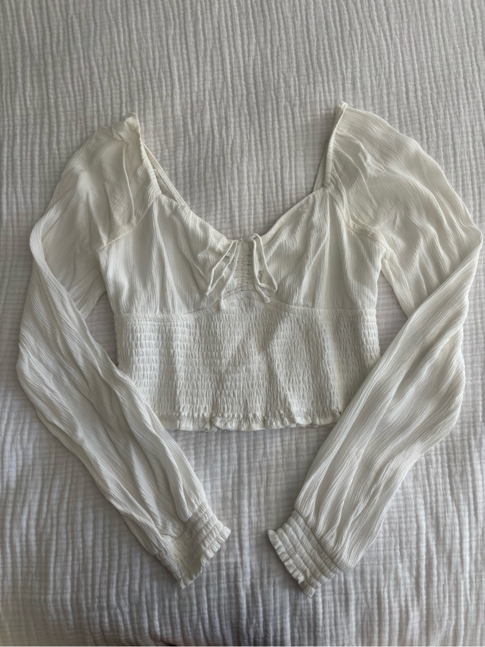 Hollister White Smocked Long-Sleeve Crop Top